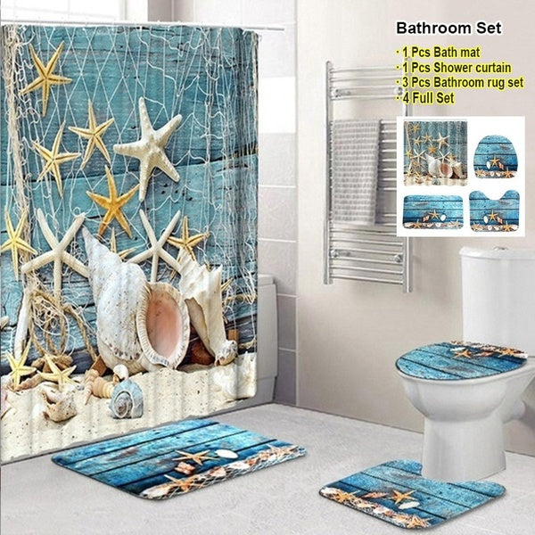 4 Options Chooes Bathroom Blue Shower Curtain Set 3D Summer Blue Conch Starfish Beach Style Print Mildew-proof Waterproof Shower Curtain+ Non Slip Ba
