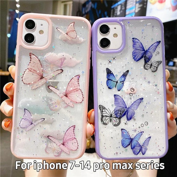 Clear Glitter Butterfly Soft Shockproof Phone Case For iPhone 14 Pro max iphone13 12 11 Pro Max XS Max XR X 7 8 Plus SE mini Cute Shell