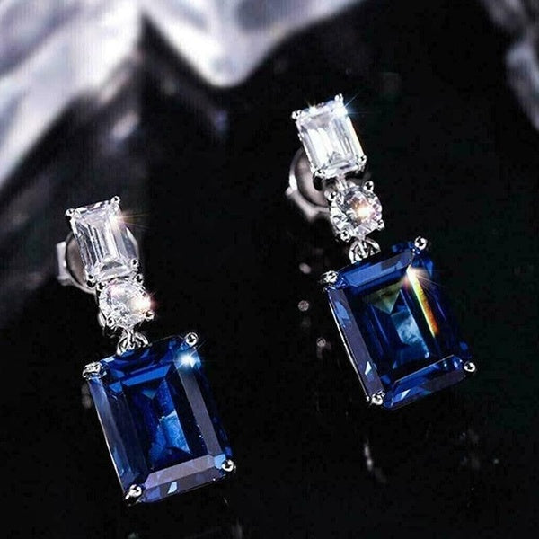 1 paire de boucles d'oreilles pendantes géométriques carrées en zircon bleu royal pour femmes, élégantes, en cristal et strass