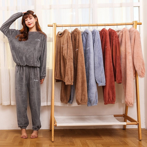 Winter Fashion Homewear Suit Lazy Warm Pants Plush Long Sleeved Sleepwear Women Coral Fleece Two Piece Pyjamas Suits（5 Colors）