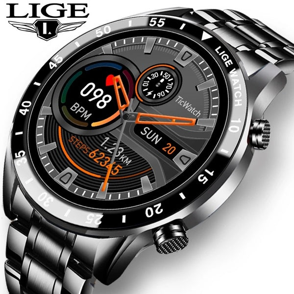 LIGE nouvelle marque de luxe montres pour hommes bande en acier montre de Fitness fréquence cardiaque pression artérielle traqueur d'activité montre