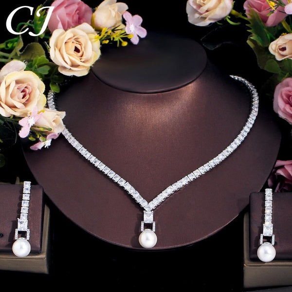 CANDICE Noble plaqué or blanc perle pendentif collier boucles d'oreilles pendantes ensembles carré clair AAAAA cubique zircone Stoens luxe femmes ens