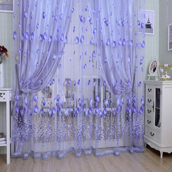 Window Curtains Sheer Voile Tulle For Bedroom Living Room Balcony Kitchen Printed Tulip Pattern Sun-Shading Curtain Valances Divider