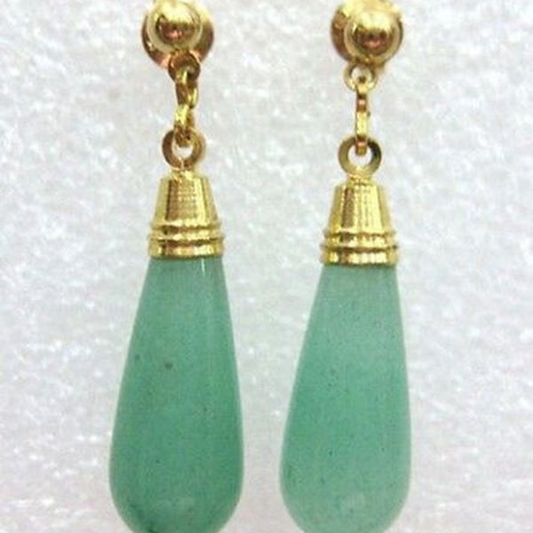Boucles D'oreilles Pendantes En Jade Vert Clair Naturel Plaqué Or Jaune