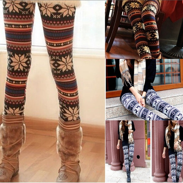 Hot-Sale High Women Warm Winter Knit Snowflake Leggings Xmas Tight Fleece Stretch Pant