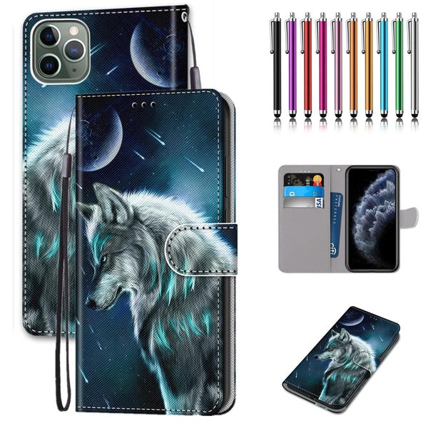 Motif loup en cuir PU Style portefeuille Flip Cover avec porte-carte Protection étui pour téléphone portable avec stylet pour iPhone 14 14Pro 14Plus