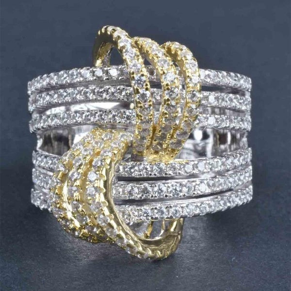 Creative Design Micro Pave Zircon Two Tone Multilayer Intertwined Rings for Women Personality Party Jewelry