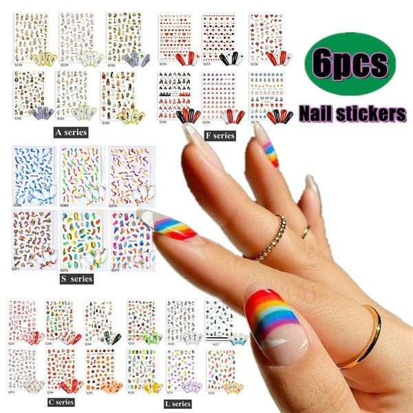 6pcs Nail Stickers Sets Wavy Line Abstract Leaf Winter Design Self-adhesive