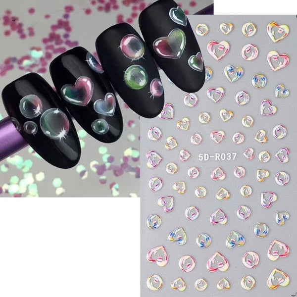 Transparent Bubble Heart Nail Art Sticker Laser ovely Cute 5D Bubbles Nail Decals Self-Adhesive Embossed Bubble Manicure Slider