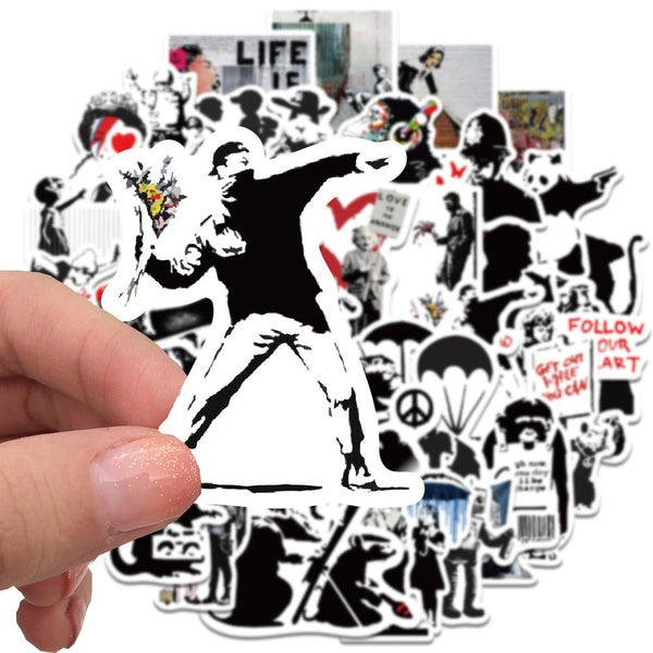 10-67PCS Banksy Sculptures Flower Thrower Stickers Cool Street Art Graffiti Sticker for DIY Luggage Laptop Skateboard Motorcycle Bicycle Sticke