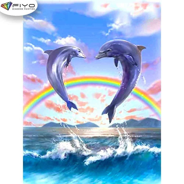 FIYO Dolphins and Rainbows Diamond Painting Kits For Adults DIY 5D Diamond Mosaic Diamond Painting Home and Kitchen Fashion Canvas Pictures Wall Deco