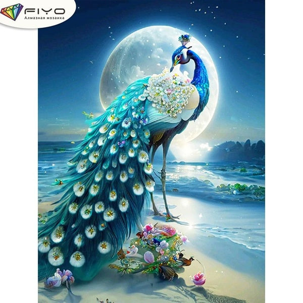 FIYO Peacock Under the Moon DIY 5D Diamond Painting Full Drill with Number Kits Home and Kitchen Fashion Mosaic Diamond Painting Canvas Wall Decorati