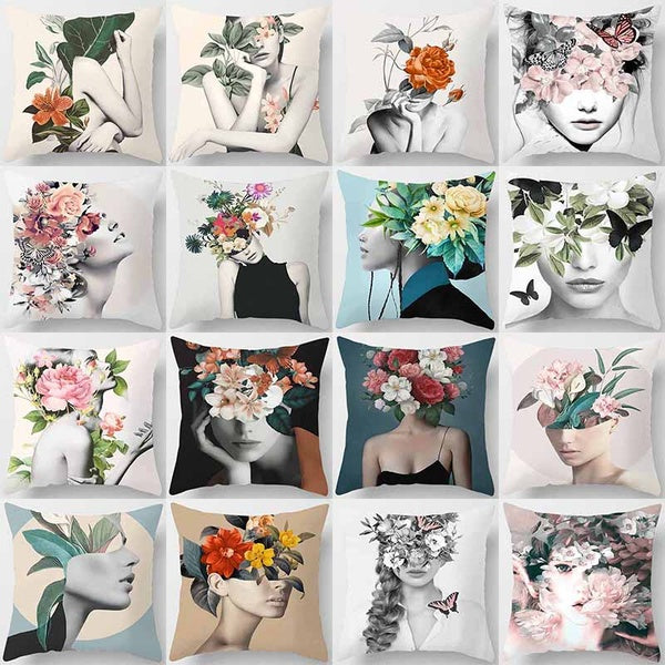 Modern style woman and flower print square pillowcase, home decoration, car sofa cushion cover (45cm * 45cm)