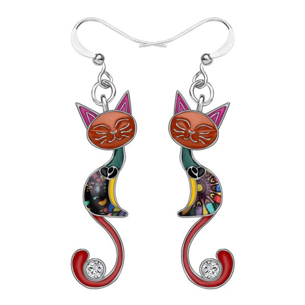 Émail Alliage Strass Élégant Yeux Fermés Chat Boucles D'oreilles Drop Dangle Mode Animal Bijoux Femmes Filles Cadeau Charmes Pet Accessoires