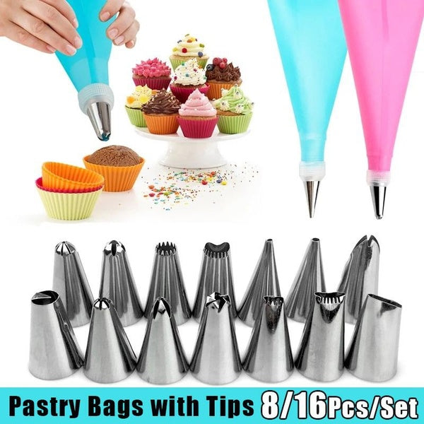 8-16Pcs Set Silicone Reusable Bag Set and Tips Cake Cream Frosting Decorating Supplies Kit Baking Cookies Tool Cupcake Icing with Pastry Bag
