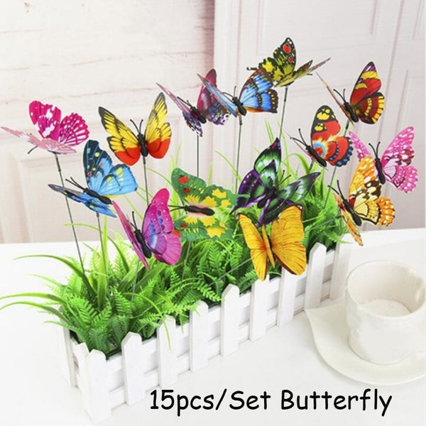 15pcs Garden Colorful Artificial Butterfly Stakes Decoration Outdoor Decor Flower Pots Decoration