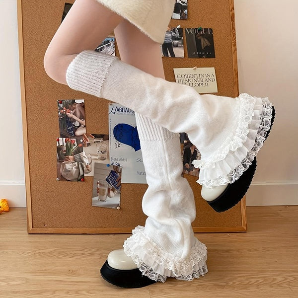 Ruffled Lace Trim Leg Warmers, Sweet & Cute Lolita Knee High Socks, Women's Stockings & Hosiery