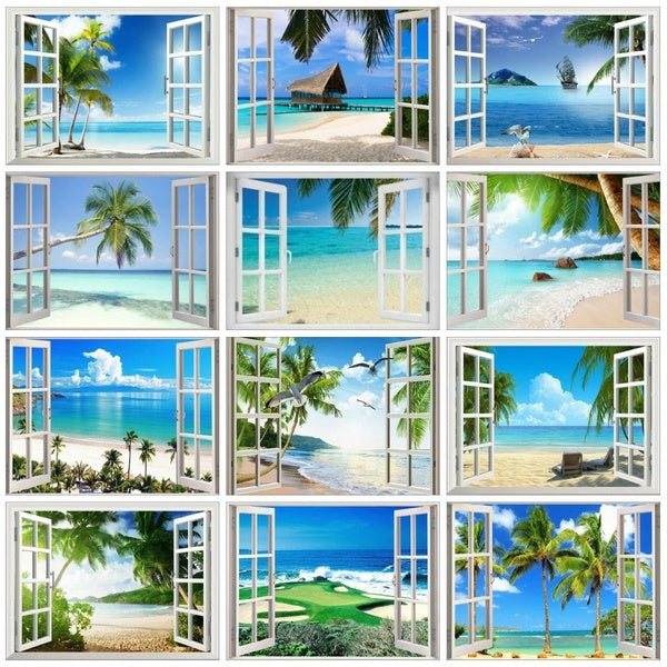 5D Full Drill Diamond Painting Seaside Cross Stitch Handicraft Diamond Embroidery Landscape Window Mosaic Beach Wall Art
