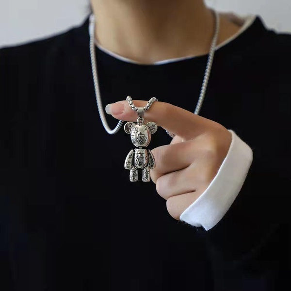 Fashion Jewelry Titanium Steel Chain Limbs Movable Bear Necklace Men's Hip Hop Punk Lovers Long Versatile Sweater Chain Net Red Pendant Accessories H Matron Inn