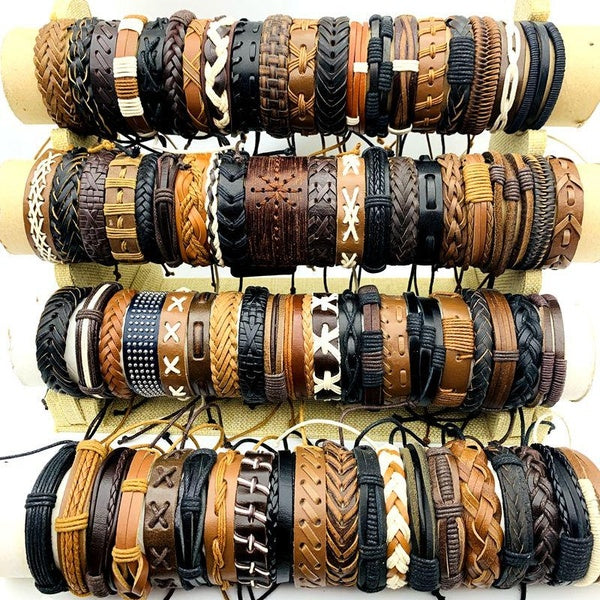 100pcs-Lot Retro Leather Cuff Bracelets Mens Womens Bangle Jewelry Wristbands Handmade Braided Rope Tie Fashion Accessories Matron Inn