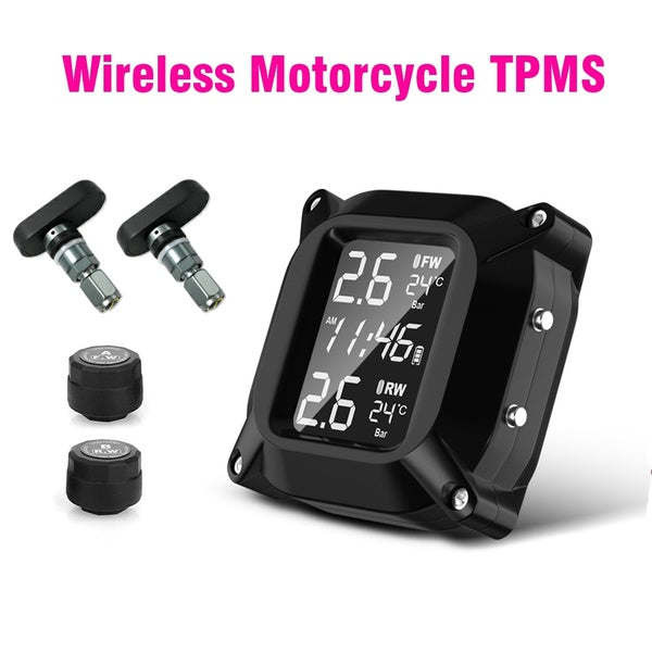 Wireless Motorcycle TPMS Tire Pressure Monitoring System 2pcs External Sensor LCD Time Display Tyre Temperature Monitor Alarm