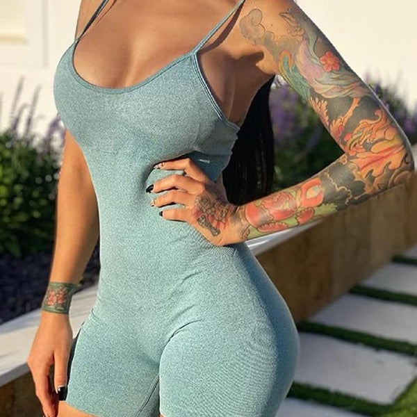 Women Workout Romper Solid Color Spaghetti Strap Sleeveless Shorts Jumpsuits for Sports Gym Yoga Fitness