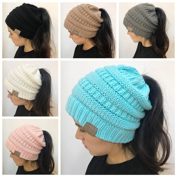 Winter warm knitted casual hats for women. Messy Bun Ponytail knitting beanie. Holey Warm Wool Cap. womens fashion Crochet hat