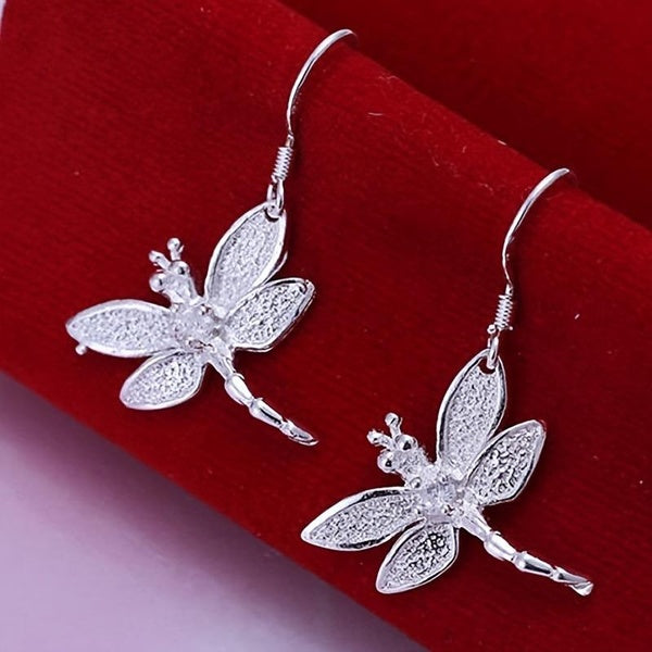 Boucles d'oreilles pendantes en forme de libellule 3D plaqué argent pour femmes, à la mode