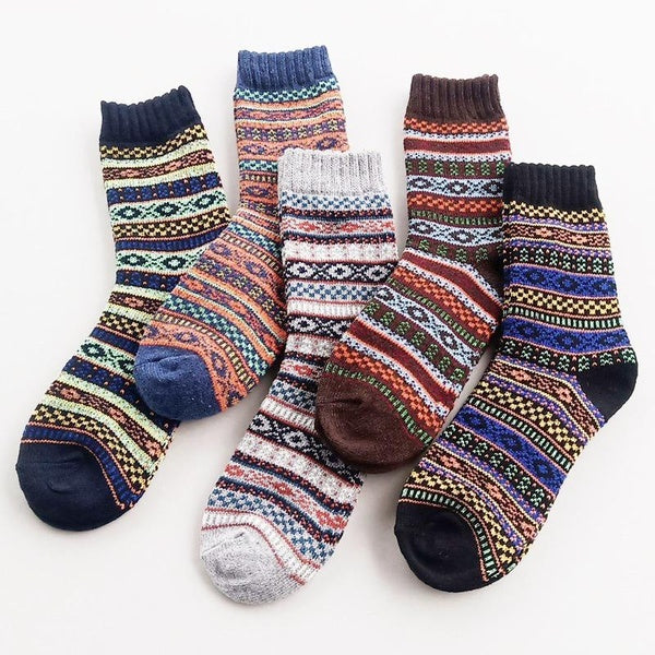 5 Pairs Mens Wool Socks Thick Thermal Stripe Wool Crew Socks Thermal Hiking Winter Warm Boot Heavy Soft Cozy Socks for Cold Weather