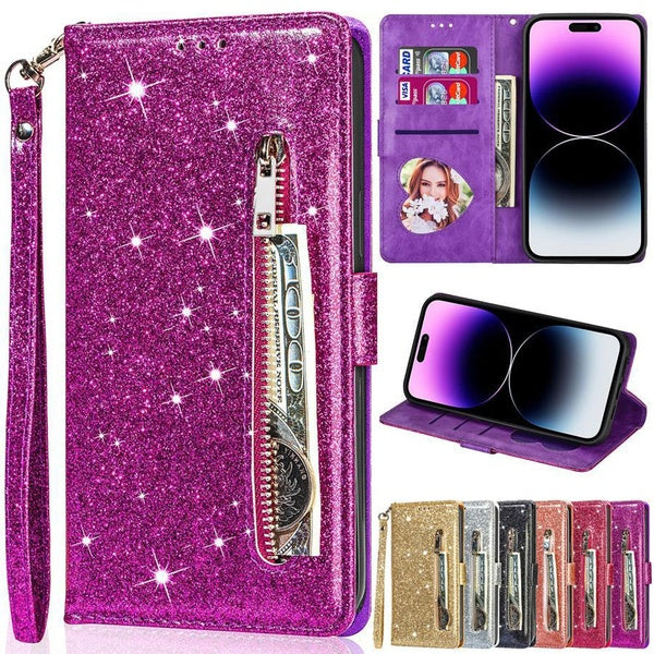 Wallet Glitter Zipper Bracket With Card Slot Flip Leather Case For iPhone 14 Pro Max 13 Pro Max 12 Pro Max 11 Pro Max SE 2022 X XR XS Max 8 7 Plus Sa
