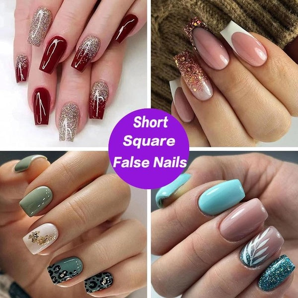 24pcs Short Square Head False Nails Spring Summer Green Flash Wavy Lines Fake Nail Full Cover Artificial French Press On Nails