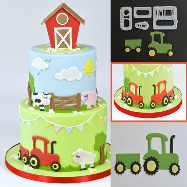 4Pcs Tractors Fondant Cake Cookie Pastry Decorating Plunger Cutter Mold for DIY Tools (Color: White)