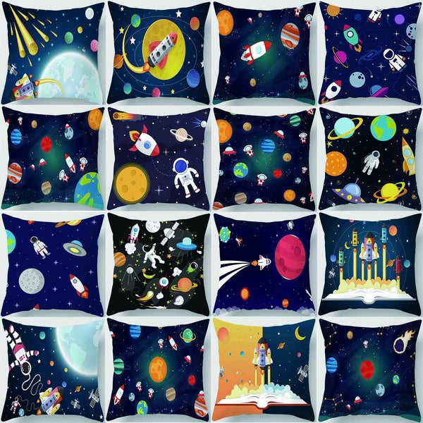 Cartoon space astronaut rocket print square pillowcase home decoration car sofa cushion cover (45cm * 45cm)