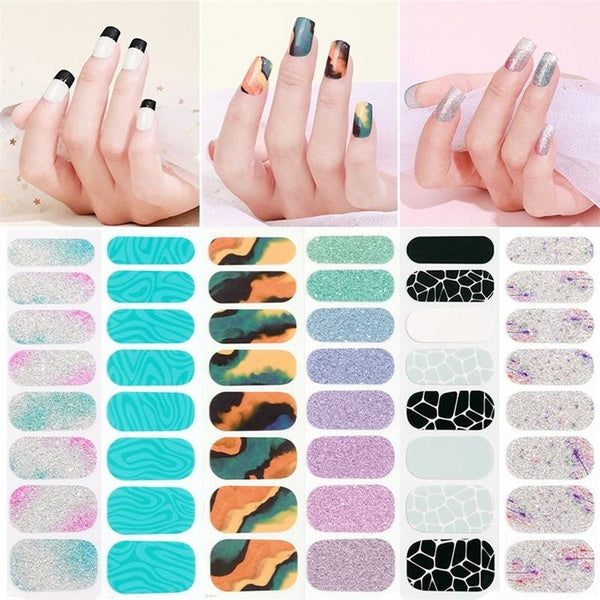 16 Strips-Sheet Semi Cured Nail Stickers UV Lamp Required Wraps Nail Polish Stickers