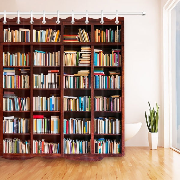 Bathroom Waterproof Fabric Shower Curtain Polyester Bath Wooden Bookshelf Library Books Background