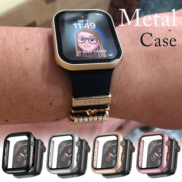 Tempered Glass with Aluminum Cover Case for Apple Watch 7 SE 6 41 mm 45 mm 44mm 40mm 42mm 38mm film metal Screen Protector Accessories for iWatch ser