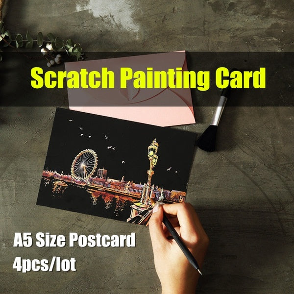 A5 Magic Scratch Art Painting Paper Graffiti Stencils Drawing Education Toy 4pcs-Lot DIY Postcard Series