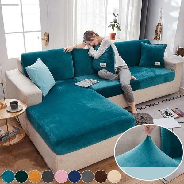 Home Living Room Velvet Solid Color Sofa Cushion Cover Elastic Sofa Furniture Protection Cover Sofa Cover (1-2-3-4 Seat)