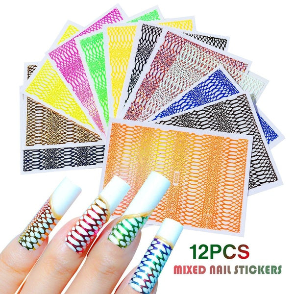 12Pcs 3D Laser Holographic Snake Skin Design Adhesive Nail Stickers Decals Nail Decorations