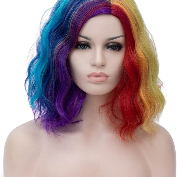 Rainbow Color Wig with Bangs for Woman Short Bubble Roll Hair Rainbow Wig for Holiday Bachelorette Party Dressing Up