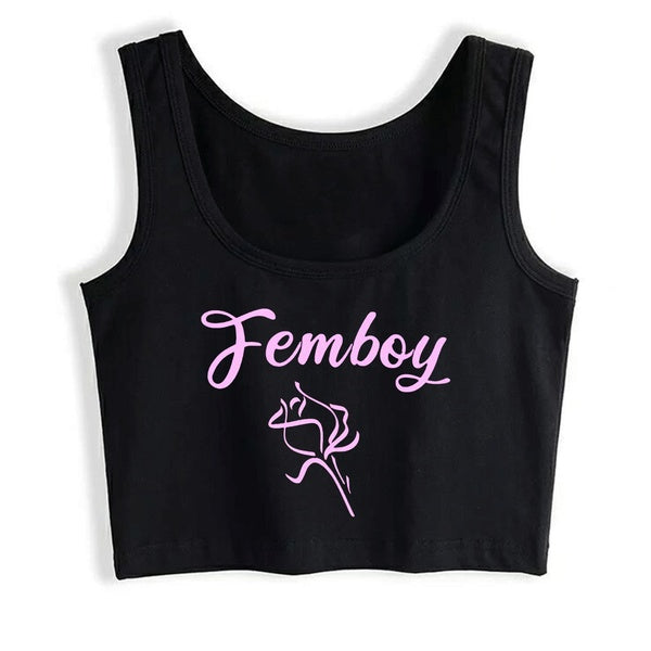 Femboy Rose Crop Top Fitness Spring Autumn For Girls O-Neck Costume Top Vest
