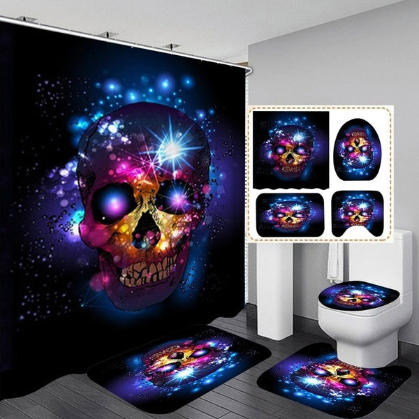 1-3-4Pcs Bathroom Decor Halloween Skull Shower Curtain Bathroom Set Lid Toilet Cover Non-Slip Bathroom Rug Set Bath Mat