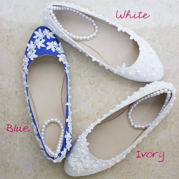 Satin Ivoire Blanc Bleu Chaussures de mariage de mariée plates Demoiselles d'honneur de mariée Chaussures de mariage confortables uniques