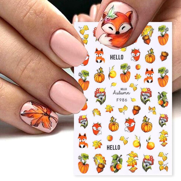 Autumn Fox Squirrel Nail Art Sticker Cute Cartoon Painting Design Mushroom Pumpkin Adhesive Decals Fall Maple Leaf Manicure Tips
