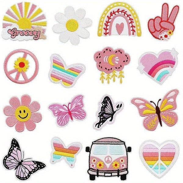 15-16pcs Pink Embroidery Iron On Patches Sew On Applique for Girls DIY Crafts Projects for Clothing, Jackets, Jeans, Backpacks, Hats Personalize and