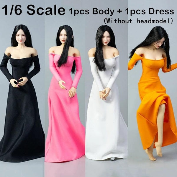 1Pcs 12" Steel Frame Silica Gel Seamless Soft Body Action Figure Body Doll And 1-6 Scale Long Skirt Evening Dress Set TOYS