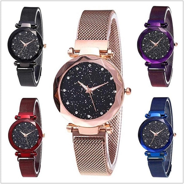 Montres pour femmes Mode Casual Femme Montres-bracelets Galaxy Bracelet en maille magnétique Boucle Cadran Diamant Montre-bracelet à quartz