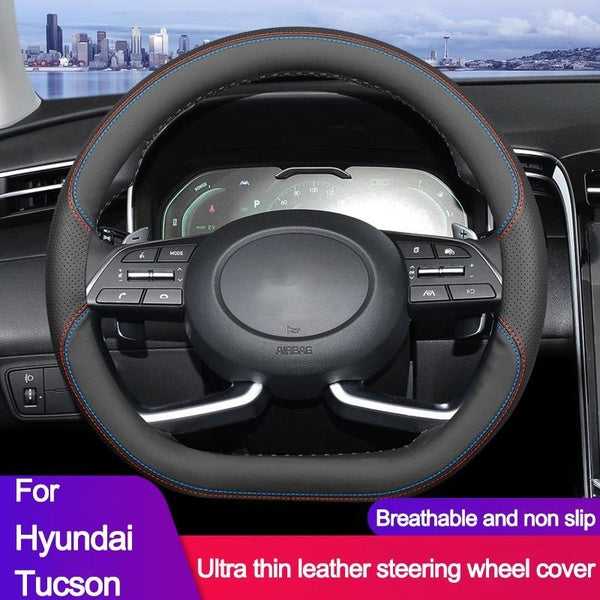 Cow Leather Car Steering Wheel Cover for Hyundai Tucson 2021 2022 2023 2024 Braid on D O Type Steering-Wheel Protector