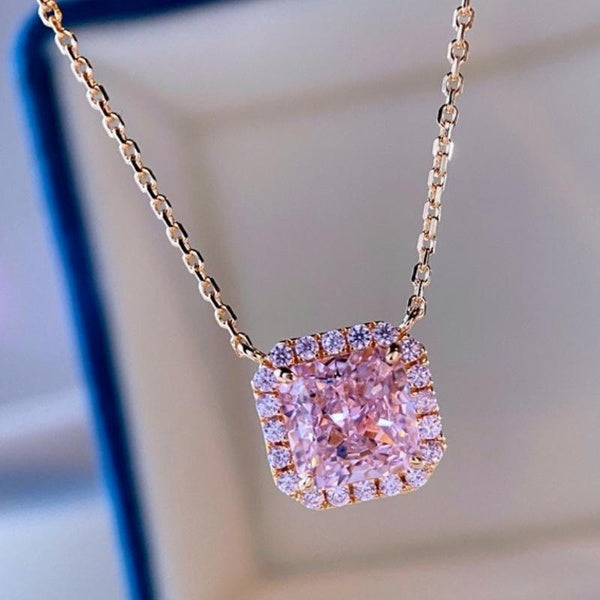 Trendy Square Cut Pink Sapphire Pendant Gold Plated Necklace for Women Daily Casual Fashion Accessories Matron Inn