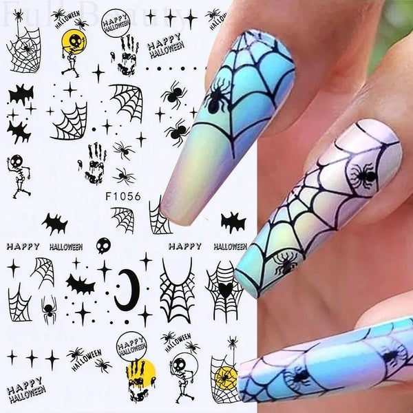 3D Halloween Skull Pumpkin Nail Art Stickers Black Cat Ghost Spider Web Design Nail Adhesive Decals Tattoo Decorations Manicure
